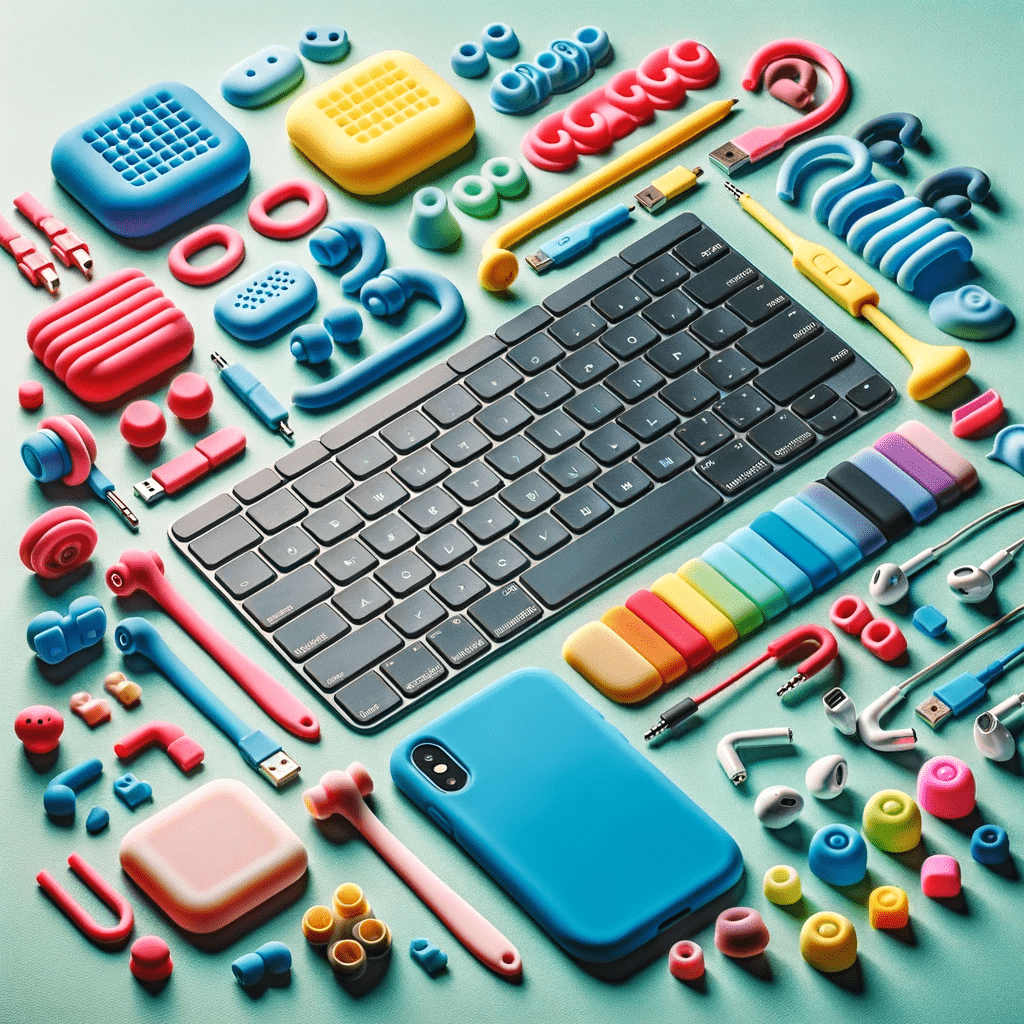 silicone accessories designed for electronics, such as flexible keyboard protectors, earbud tips