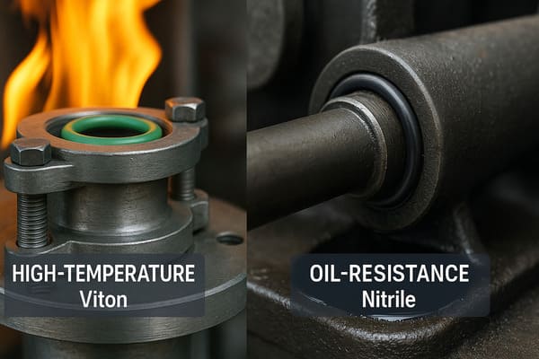 A green Viton O-ring fitted into a high-temperature industrial machine, with heat waves rising from the surface, showcasing its ability to withstand extreme temperatures